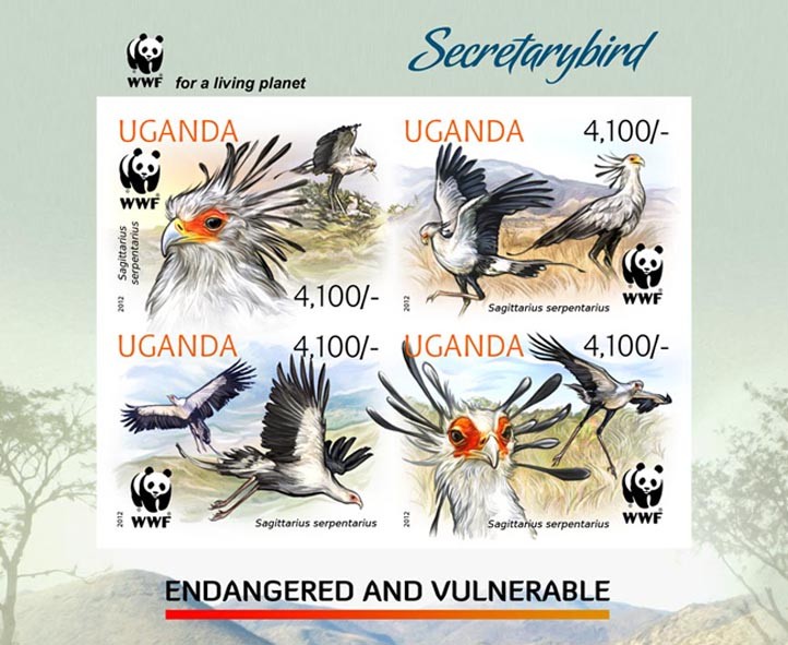 Secretary bird - WWF - Issue of Uganda postage stamps