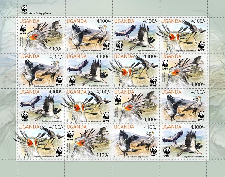 Secretary bird - WWF - Issue of Uganda postage stamps