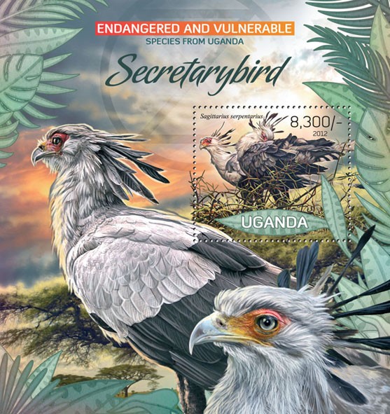 Secretary bird, (Segittarius serpentarius). - Issue of Uganda postage stamps